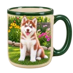 Ivory stoneware mug with a forest-green rim and handle carrying the garden portrait